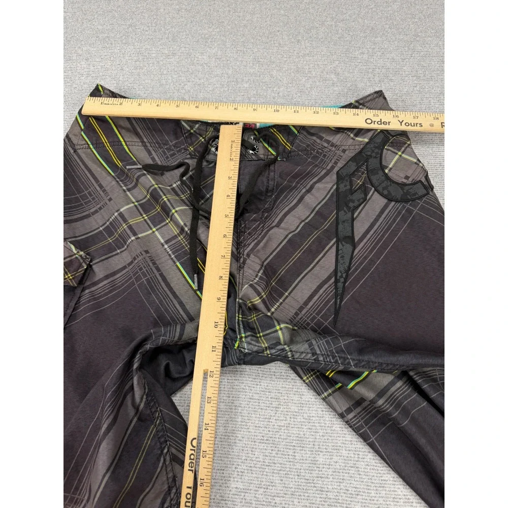 Fox Racing Mens Plaid Board Shorts Size 34 Gray Neon Green Cargo Pocket Swimwear